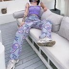Cute Bunny Rabbit Cartoon Print High Waisted Denim Long Wide Leg Jeans Pants Trouser Aesthetic Casual Summer E-Girl Kawaii Korean Japanese Harajuku