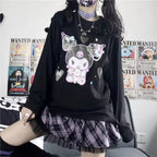 Cute Black Japanese Anime Cartoon Print Loose Oversize Long Sleeve T-shirt