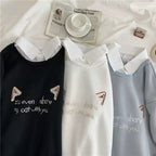Cute Cat Kitten Print Polo Collar 2 Pcs Sweatshirt Sweater Pullover Jumper Long Sleeve Shirt Casual E-Girl Kawaii Korean Japanese Harajuku Streetwear