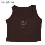 Cute 90s Vintage Brown Mushroom Diamond Aesthetics Crop Top Tank Sleeveless Shirt Summer Casual E-Girl Kawaii Korean Japanese Harajuku Streetwear