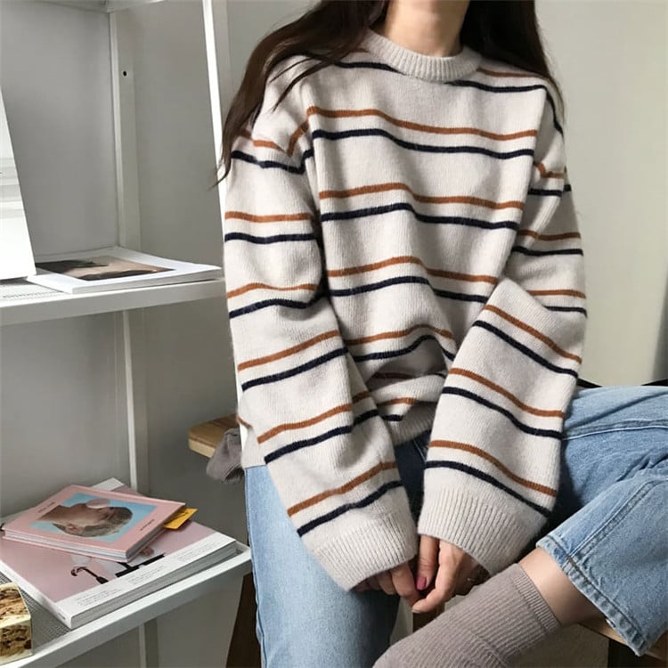Soft Stripe Autumn O Neck Chic Loose Oversized Casual Knit Sweater Sweatshirt Pullover Jumper Shirt E-Girl Kawaii Korean Japanese Harajuku Streetwear