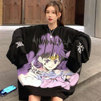 Cute Purple Anime Girl Graphic Print Oversize Long Sleeve Shirt Hoodie Punk Goth Aesthetic Casual E-Girl Kawaii Korean Japanese Harajuku