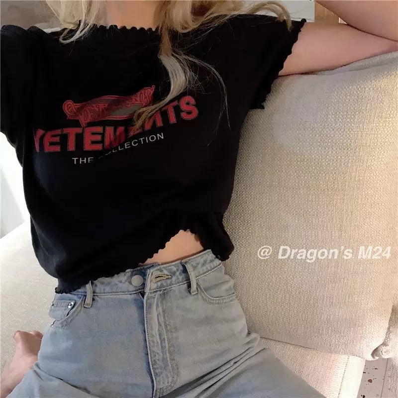 Cute Vintage Ruffle Off White Letter Print Short Sleeve Shirt Aesthetic Casual Summer E-Girl Kawaii Korean Japanese Harajuku