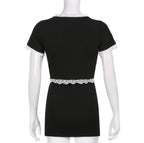 Cute Sweet Sexy 2pcs Lace Trim Split Dress Set + Short Sleeve Cardigan Crop Top Aesthetic Casual E-Girl Kawaii Korean Japanese Harajuku