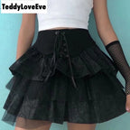 Cute Black Goth Lace Up High Waisted Ruffle Skirt Punk Bandage A-line Lace Trim Tutu Casual E-Girl Kawaii Korean Japanese Harajuku Streetwear