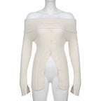 White Button Up Split Slash Neck Sweater