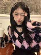 Black & Pink Lattice V Neck Sweater