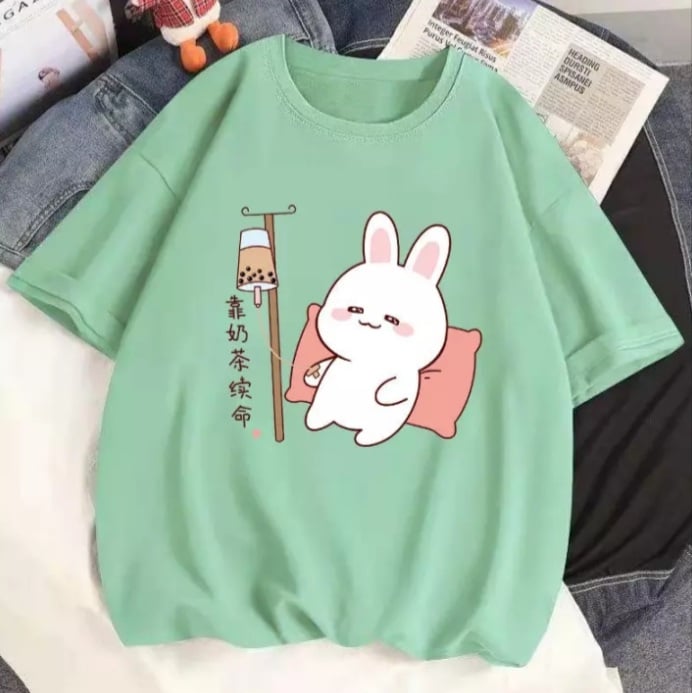 Cute Rabbit Boba Bubble Milk Tea Graphic Cartoon Print Loose Short Sleeve T-shirt Aesthetic Casual Summer E-Girl Kawaii Korean Japanese Harajuku