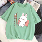 Cute Rabbit Boba Bubble Milk Tea Graphic Cartoon Print Loose Short Sleeve T-shirt Aesthetic Casual Summer E-Girl Kawaii Korean Japanese Harajuku