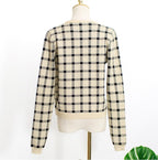 Cute 2 Pcs Gingham Plaid Sweater Knit Button Up Crop Top Shirt Tee T-shirt E-Girl Kawaii Korean Japanese Harajuku Chinese Retro Streetwear Aesthetic
