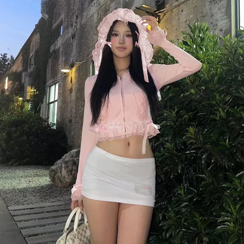 Pink Lace Ruffle Hem Cropped Zipper Hoodie