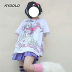 Angel Steampunk Anime Girl Cartoon Print Loose Short Sleeve T-shirt Top Summer Causal Goth Punk E-Girl Kawaii Korean Japanese Harajuku Streetwear
