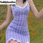 Cute Sexy Plaid Halter V Neck Lace Spaghetti Strap Bodycon Mini Dress Party E-Girl Kawaii Korean Japanese Harajuku Chinese Retro Streetwear Aesthetic