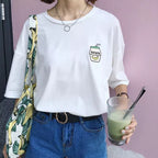 Cute Summer Banana Milk Drink Embroidery Yellow White Casual Short Sleeve Tee Shirt T-shirt Top E-Girl Kawaii Korean Japanese Harajuku Streetwear