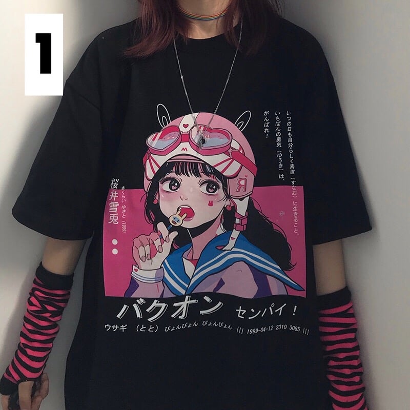 Anime Girl Cartoon Print Aesthetic Loose Short Sleeve Shirt T-shirt Top Punk Goth Summer Casual E-Girl Kawaii Korean Japanese Harajuku Streetwear