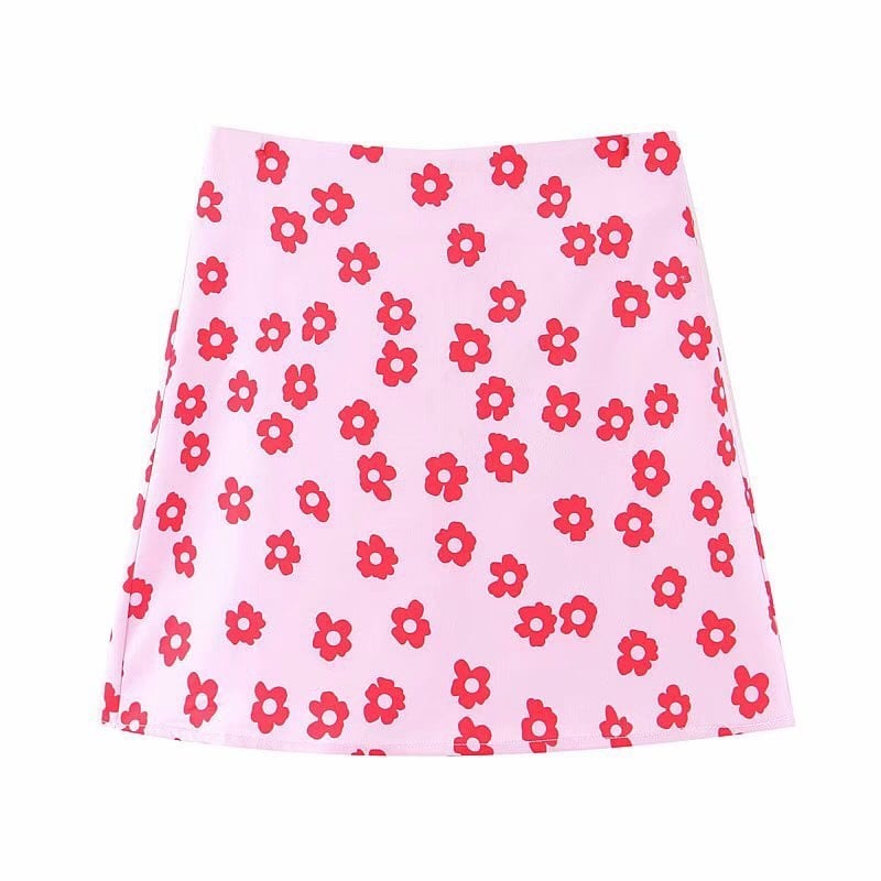 Cute 90s Vintage Pink Flower Floral Elegant A-line Boho Satin High Waisted Skirt Bottoms Aesthetic E-Girl Kawaii Korean Japanese Harajuku Streetwear