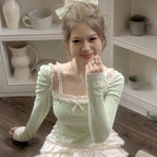 Green Lace Bow Long Sleeve Shirt