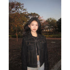 Black Denim Turn Down Collar Jacket