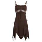 Brown Lace Patchwork Cross Bandage Midi Dress