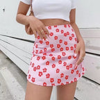 Cute 90s Vintage Pink Flower Floral Elegant A-line Boho Satin High Waisted Skirt Bottoms Aesthetic E-Girl Kawaii Korean Japanese Harajuku Streetwear