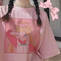 Pastel Pink Japanese Anime Girl Cartoon Print Oversized Short Sleeve Shirt