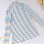 Cute Heart Sweet Rainbow Pastel Turtleneck Stripe Knit Long Sleeve Shirt Top Pullover Sweater E-Girl Kawaii Korean Japanese Harajuku Retro Streetwear