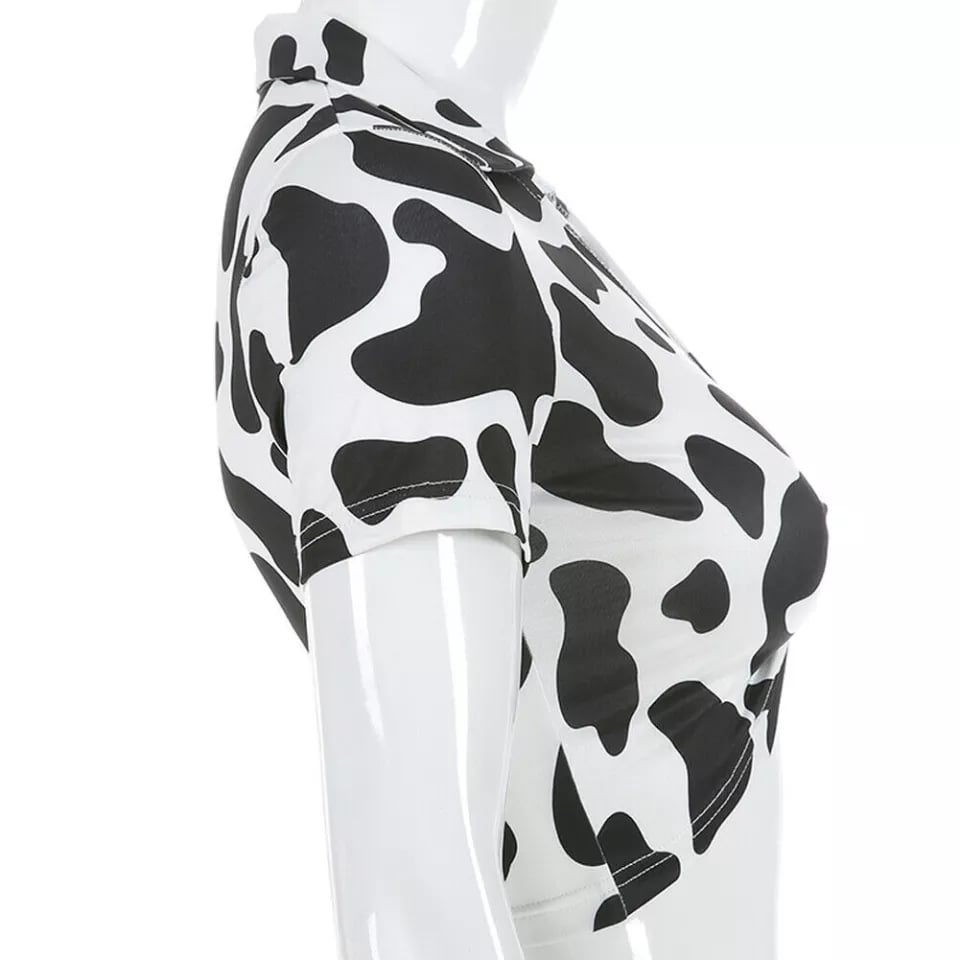 Cute Cow Print V Neck Short Sleeve Shirt Crop Top Summer Aesthetic Casual E-Girl Kawaii Korean Japanese Harajuku