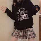 Cute Black Bear Cartoon Print Loose Long Sleeve Hoodie Sweatshirt Sweater Pullover Jumper Punk Goth E-Girl Kawaii Korean Japanese Harajuku Streetwear