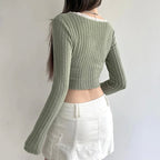 Green Lace Split Patchwork Long Sleeve T-shirt
