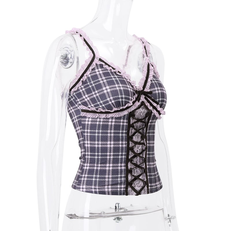 Pink Plaid Lace Patchwork Camisole
