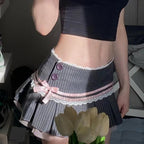Pink Bow Stripe Fold Lace Up High Waist Skirt