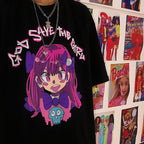 Cute Girl Graffiti Graphic Art Print Punk Baggy Hip Hop Oversized Long Sleeve Tee Shirt T-shirt Top E-Girl Kawaii Korean Japanese Harajuku Streetwear