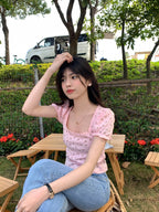 Pink Floral Puff Sleeve Square Collar Top