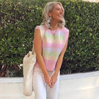 Cute Pink Rainbow Stripe Tie Dye Sleeveless V Neck Knit Vest Sweater Top Pullover Autumn Aesthetic E-Girl Kawaii Korean Japanese Harajuku Streetwear