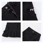 Cute Black Heart Bow Pocket Denim Mini Skirt High Waisted Pleated Aesthetic Goth Casual Summer E-Girl Kawaii Korean Japanese Harajuku