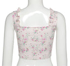 Floral Print Ruffle Button Up Bustier Crop Top