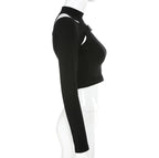 Cute Black Buckle Hollow Out Turtleneck Crop Top Long Sleeve Shirt Punk Goth Summer Aesthetic Casual E-Girl Kawaii Korean Japanese Harajuku