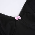 Sexy Pink Ribbon Bow Mesh Panel V Neck Crop Top Camisole Sleeveless Shirt Summer Goth Aesthetic E-Girl Kawaii Korean Japanese Harajuku Streetwear