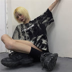 Cute Smoke Ash Print Loose Oversized Crop Top Short Sleeve Shirt Tee T-shirt E-Girl Kawaii Korean Japanese Harajuku Chinese Retro Streetwear Punk Goth