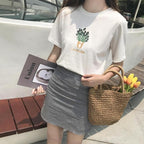 Cute Summer Lavender Plant Flower Embroidery White Loose Casual Short Sleeve Tee Shirt T-shirt Top E-Girl Kawaii Korean Japanese Harajuku Streetwear