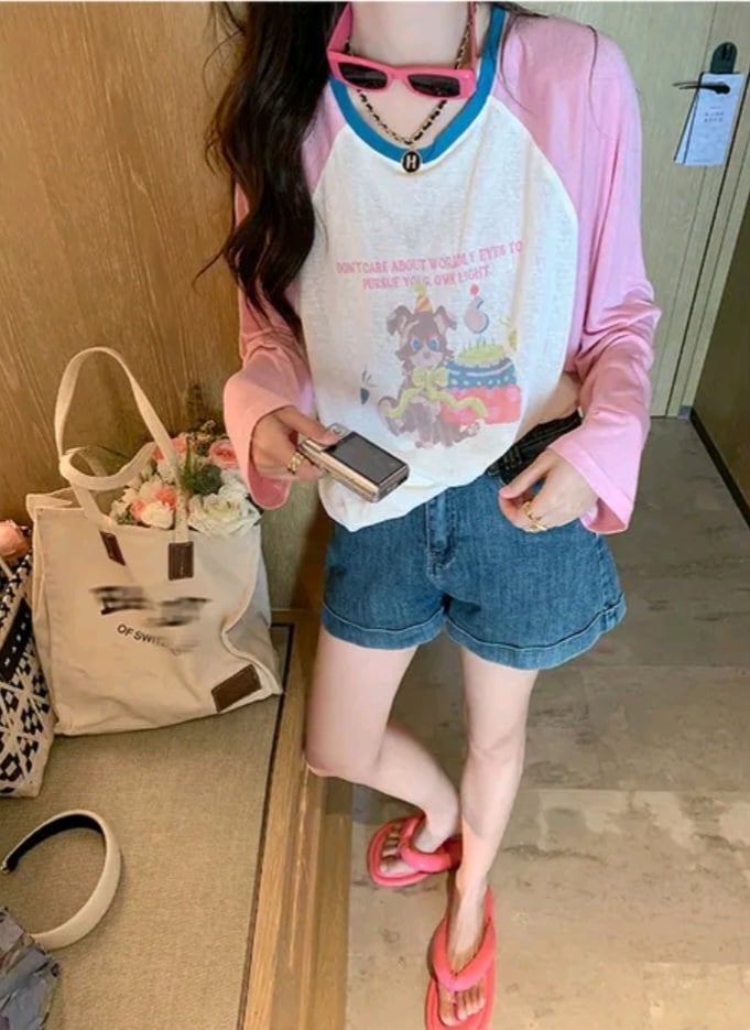 Pink Teddy Bear Patchwork Long Sleeve Shirt