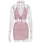 Cute Sexy Glitter Camisole + High Waist Mini Skirt Suit Backless Summer Aesthetic Casual E-Girl Kawaii Korean Japanese Harajuku