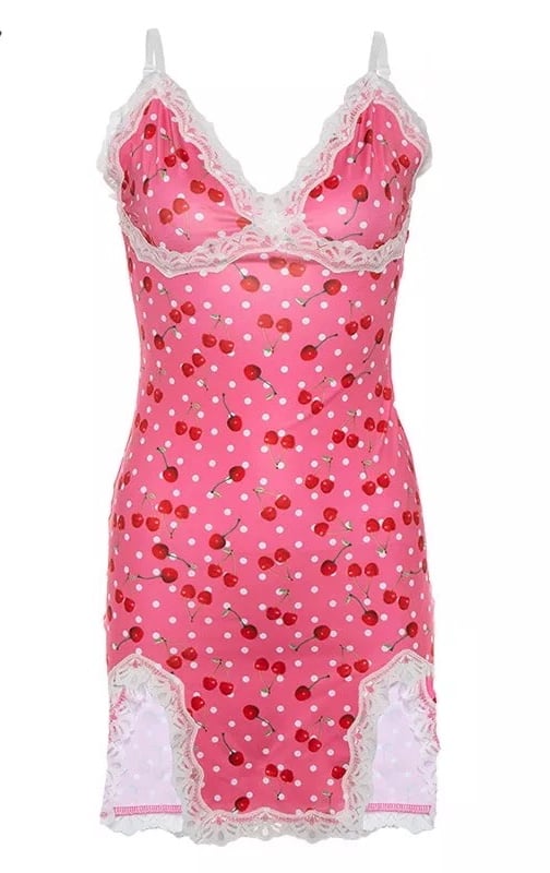Cute Pink Cherry Lace Up Bodycon Mini Dress Fashion Party Print E-Girl Kawaii Korean Japanese Harajuku Retro Streetwear