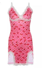 Cute Pink Cherry Lace Up Bodycon Mini Dress Fashion Party Print E-Girl Kawaii Korean Japanese Harajuku Retro Streetwear