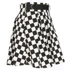Cute Sexy Checkered Pleated Black White Sash High Waisted Skater Skirt E-Girl Kawaii Korean Japanese Harajuku Streetwear