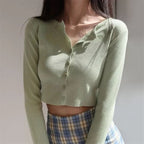 Cute Vintage O Neck Button Down Knit Cardigan Crop Top Sweater Sweatshirt Pullover Jumper E-Girl Kawaii Korean Japanese Harajuku Streetwear