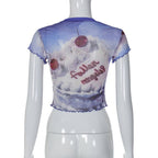 Angel Cake Print Ruffle Short Sleeve Shirt