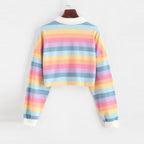 Cute 90s Rainbow Butron Crop Top Sweatshirt Sweater Oversized Hoodies Long Sleeve Shirt Top E-Girl Kawaii Korean Japanese Harajuku Retro Streetwear