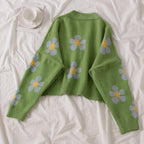 Cute Vintage Flower V Neck Long Sleeve Knit Cardigan Sweater Sweatshirt Pullover Jumper E-Girl Kawaii Korean Japanese Harajuku Streetwear
