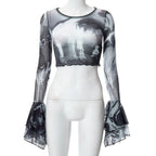 Y2K Punk Print Flare Long Sleeve Top